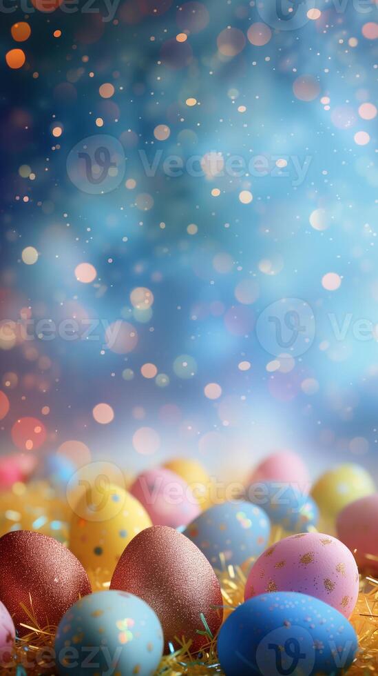 AI generated Easter colored eggs with bokeh background photo