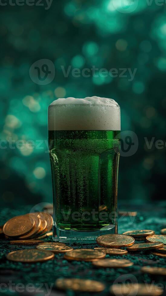 AI generated Irish glass of beer with foam and gold coins photo