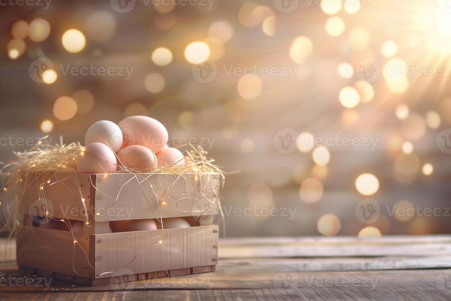 AI generated Easter background with box of eggs in the sunlight bokeh photo