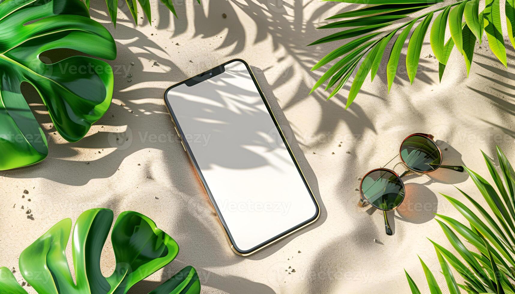 AI generated Summer sale ad banner template for promotion. Banner with smartphone on beach sand photo