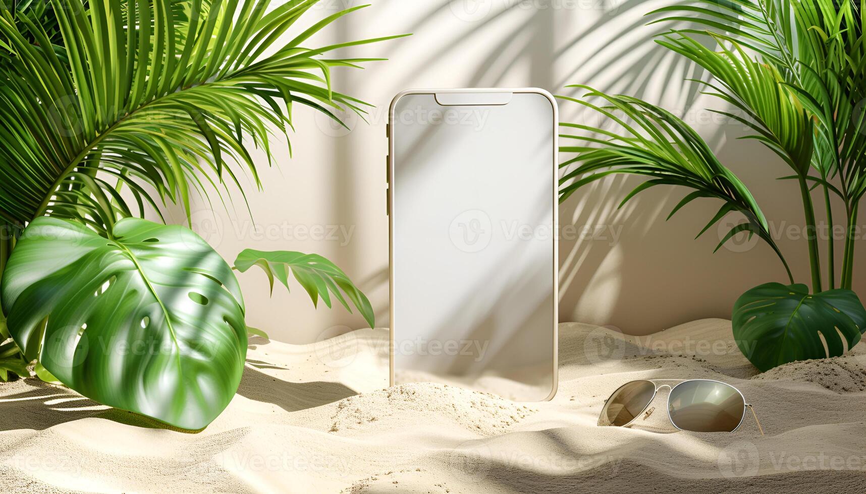 AI generated Summer sale ad banner template for promotion. Banner with smartphone on beach sand photo