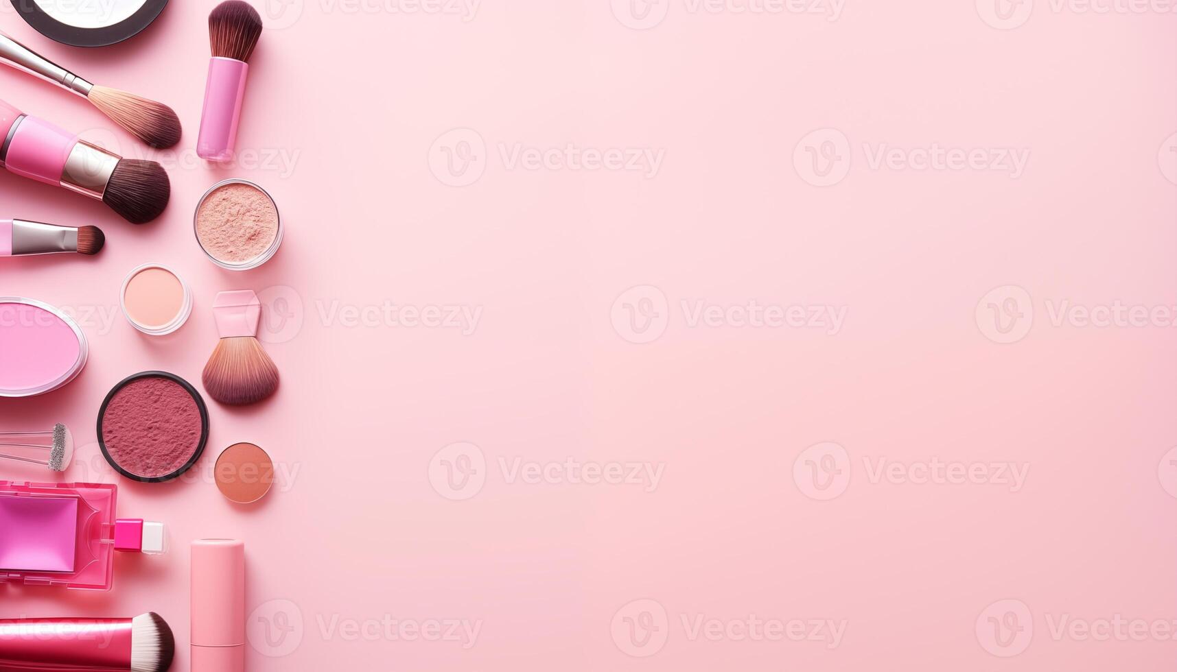AI generated composition of beauty and make up cosmetics on pink studio background photo