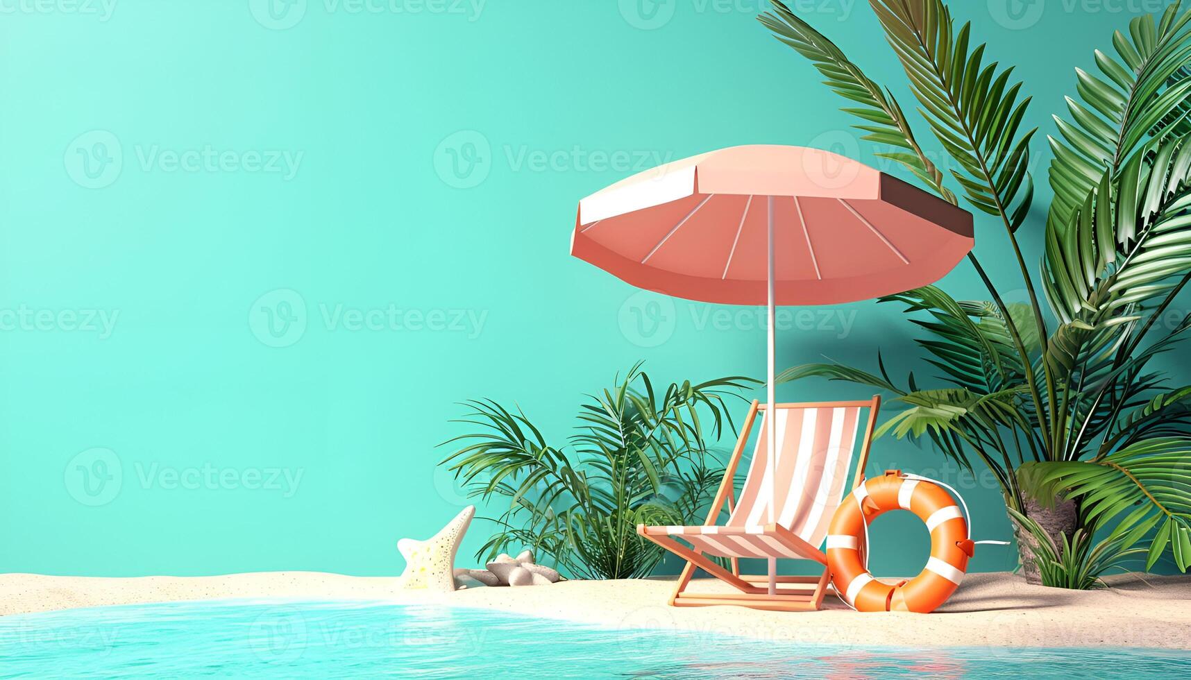 AI generated Summer vacation background with beach umbrella and chair photo
