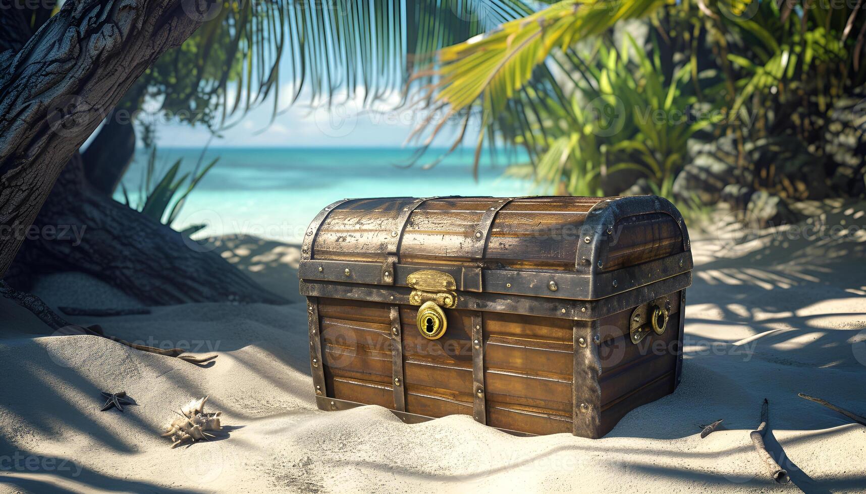 AI generated treasure chest on the beach photo