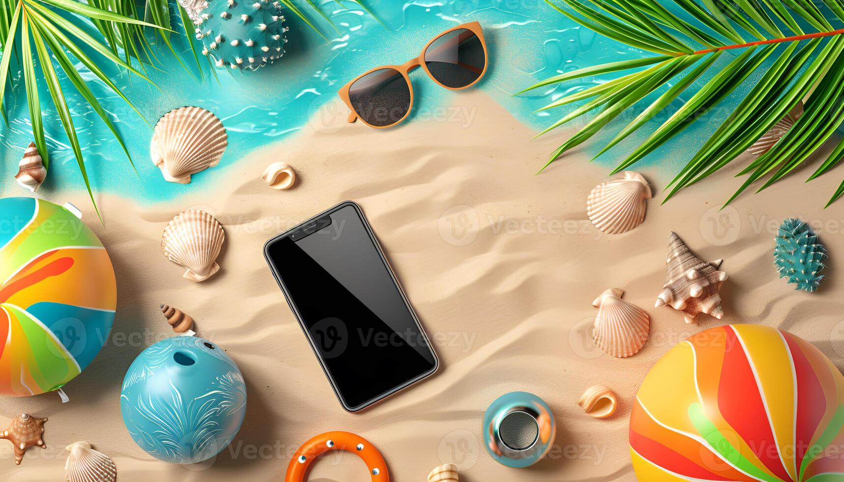 AI generated Summer sale ad banner template for promotion. Banner with smartphone on beach sand photo