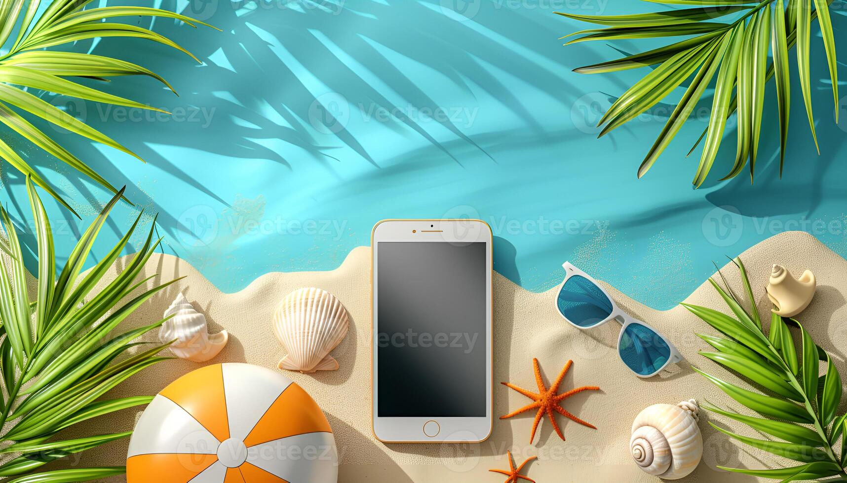 AI generated Summer sale ad banner template for promotion. Banner with smartphone on beach sand photo