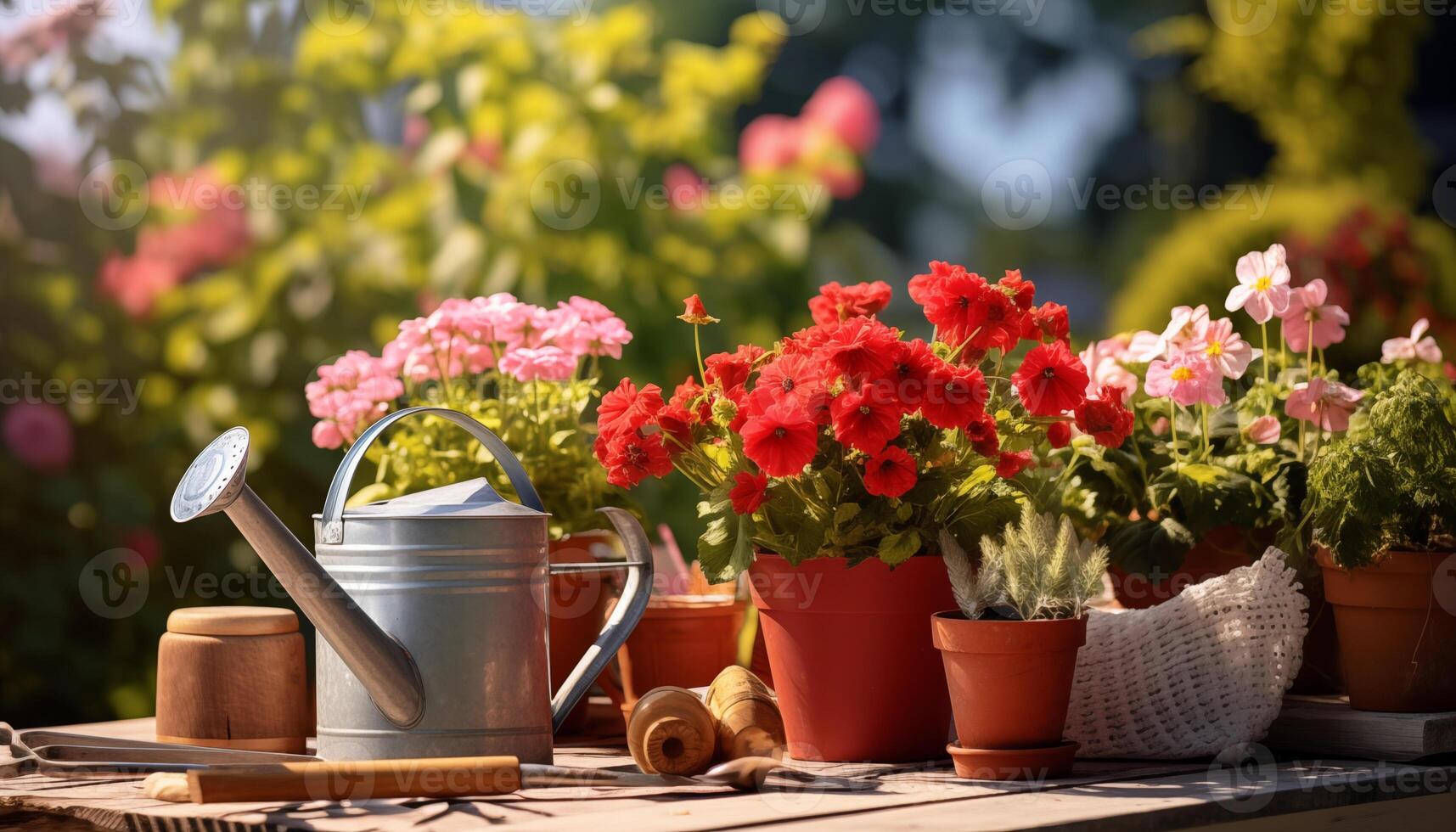 AI generated composition of gardening tools and flowers photo