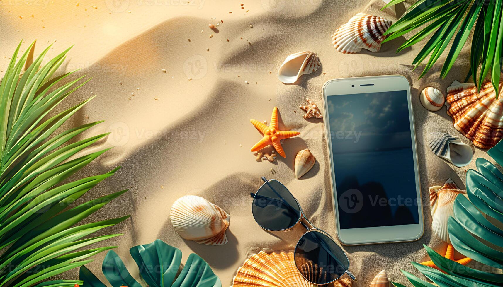 AI generated Summer sale ad banner template for promotion. Banner with smartphone on beach sand photo