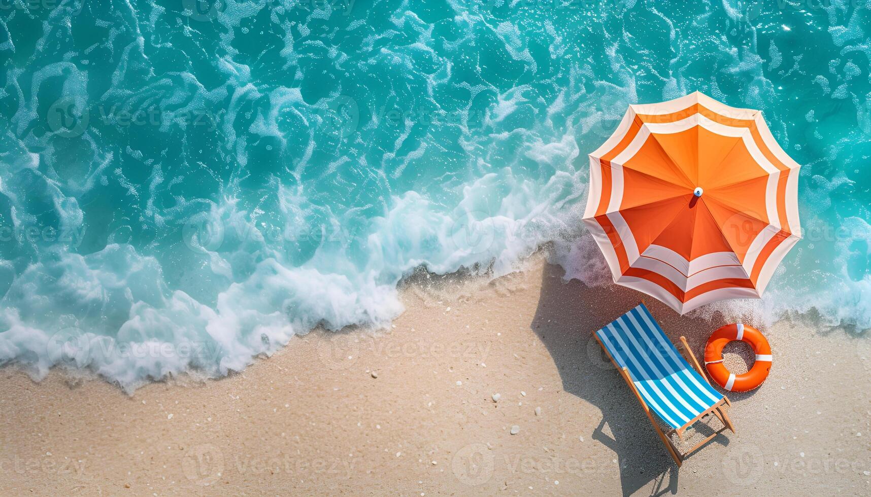AI generated Summer vacation background with beach umbrella and chair photo