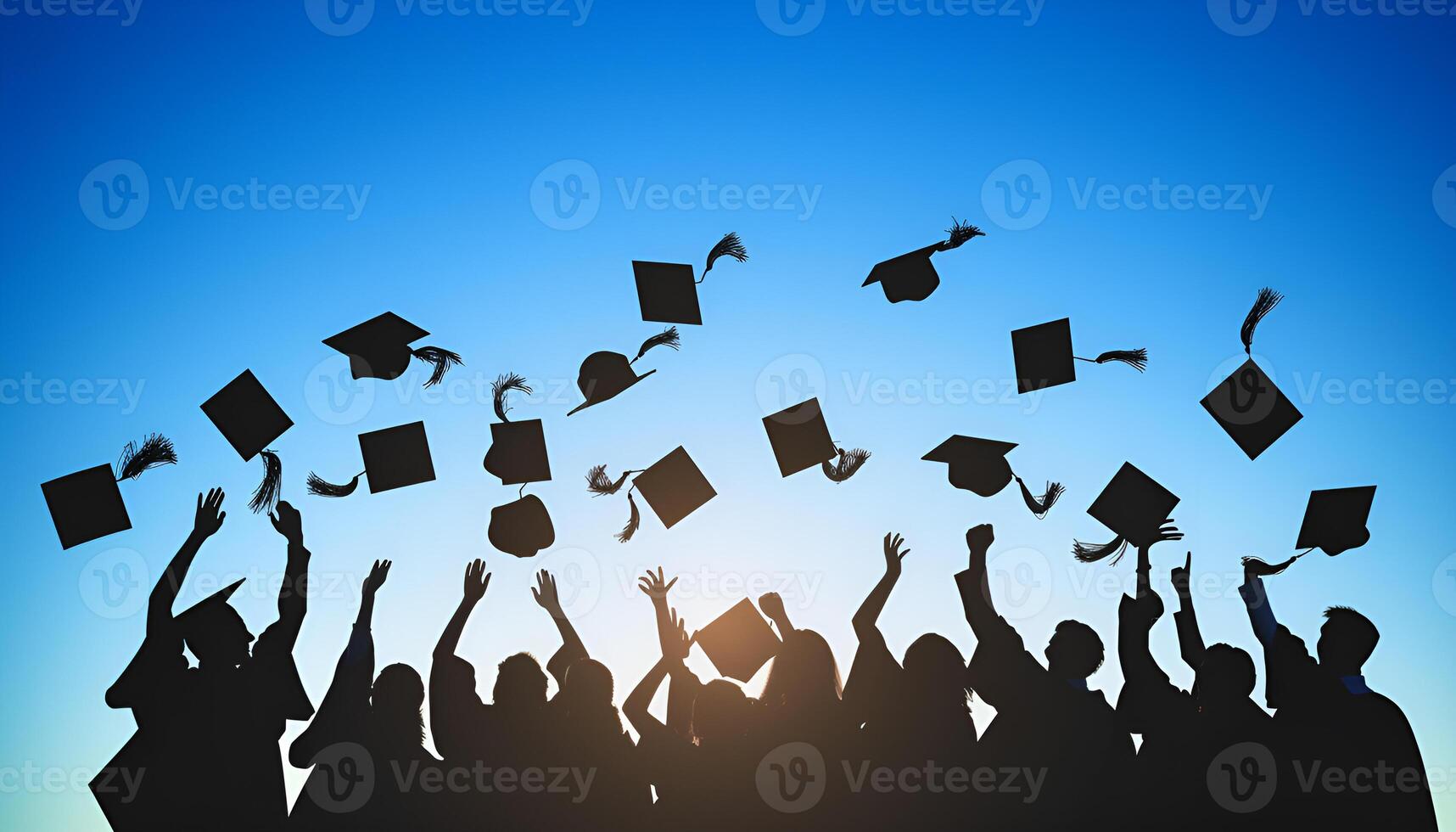 AI generated silhouette of students in graduation throwing hats photo
