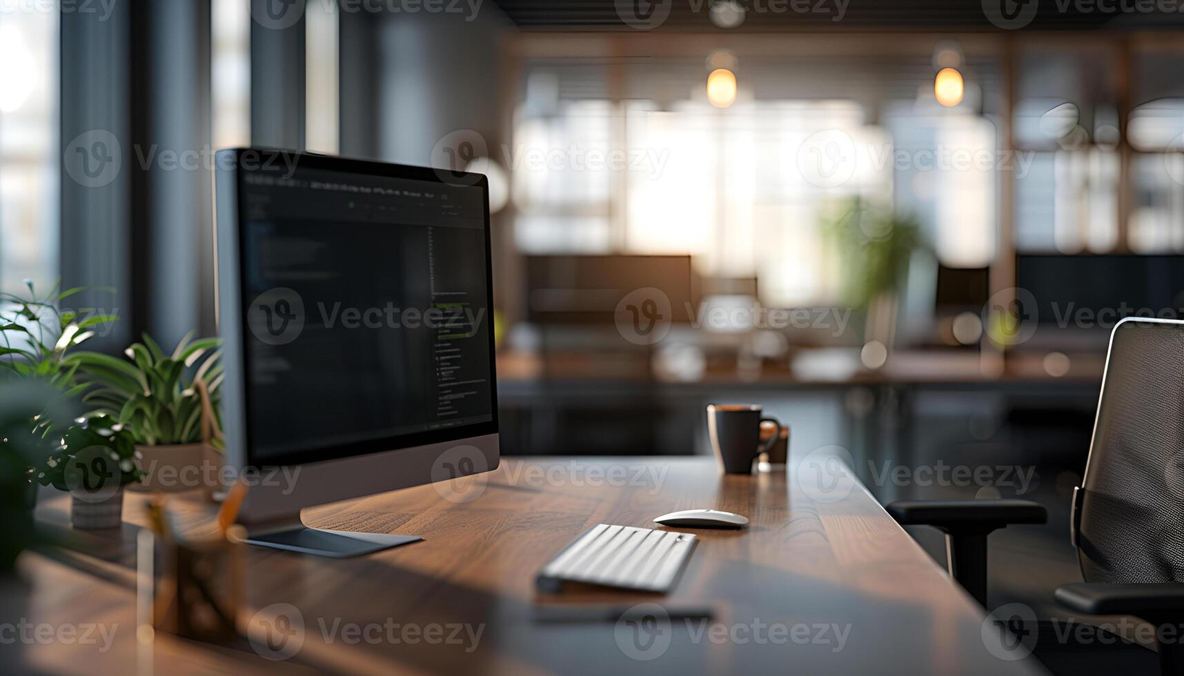 AI generated office desk with blurred office in background photo