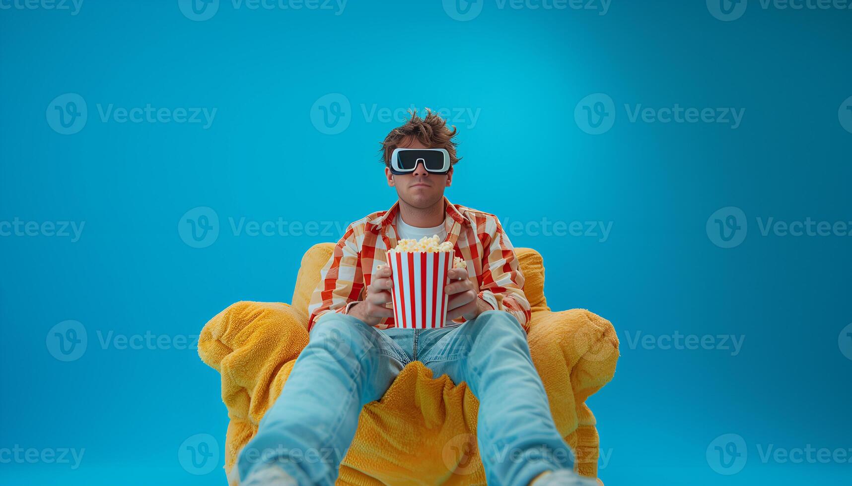 AI generated young joyful man sitting beanbag eating popcorn watching movie photo