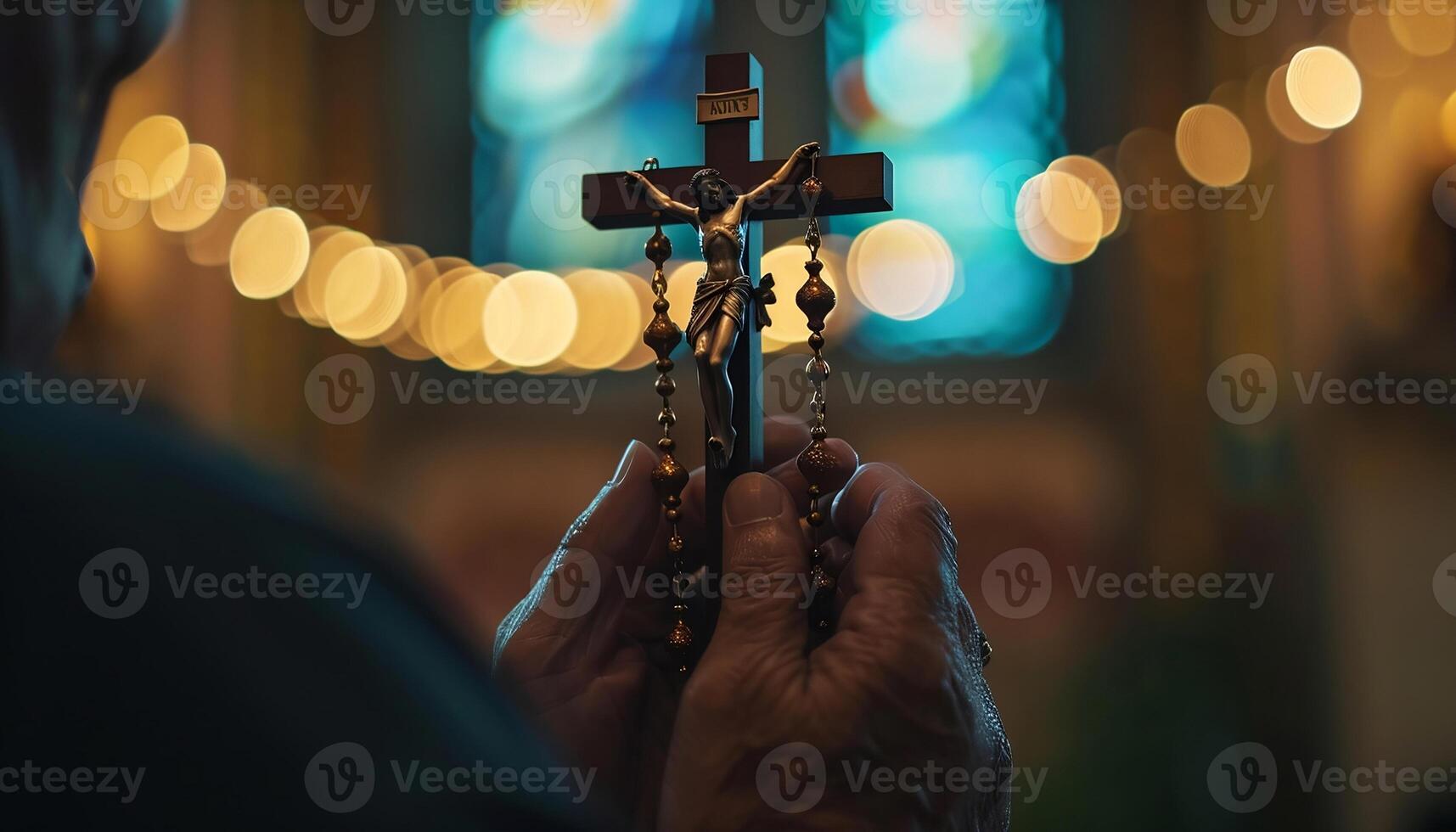 AI generated hands holding a rosary while praying photo