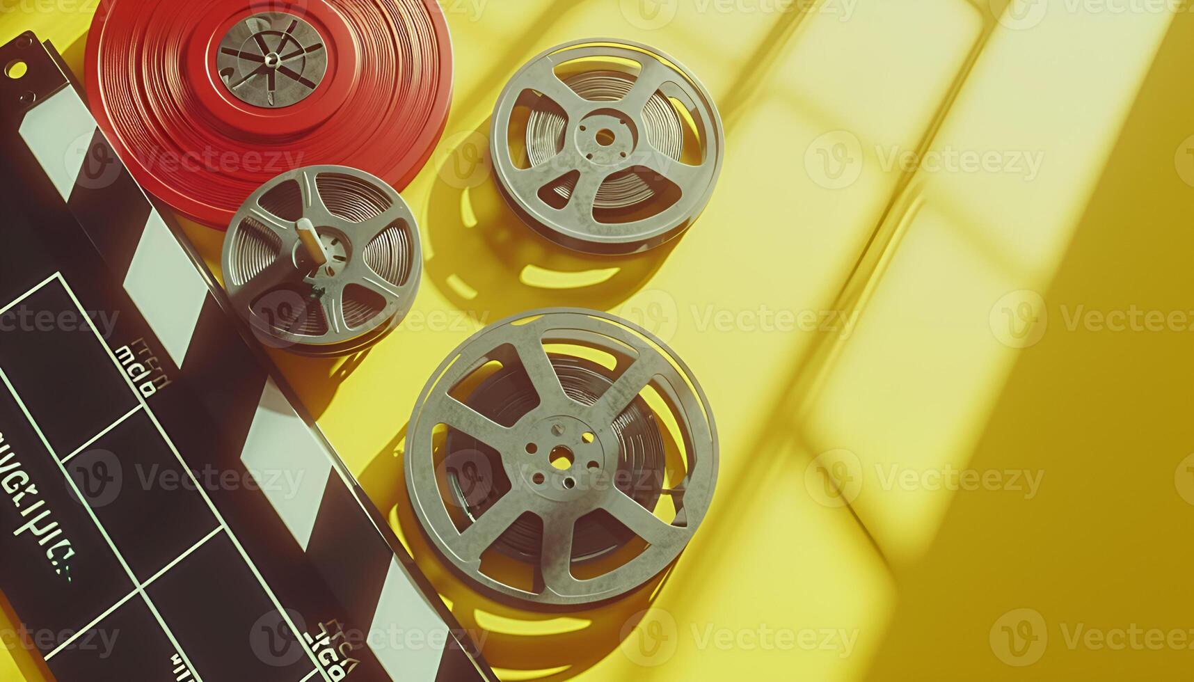 AI generated film reels and clapperboard on a pastel yellow background photo