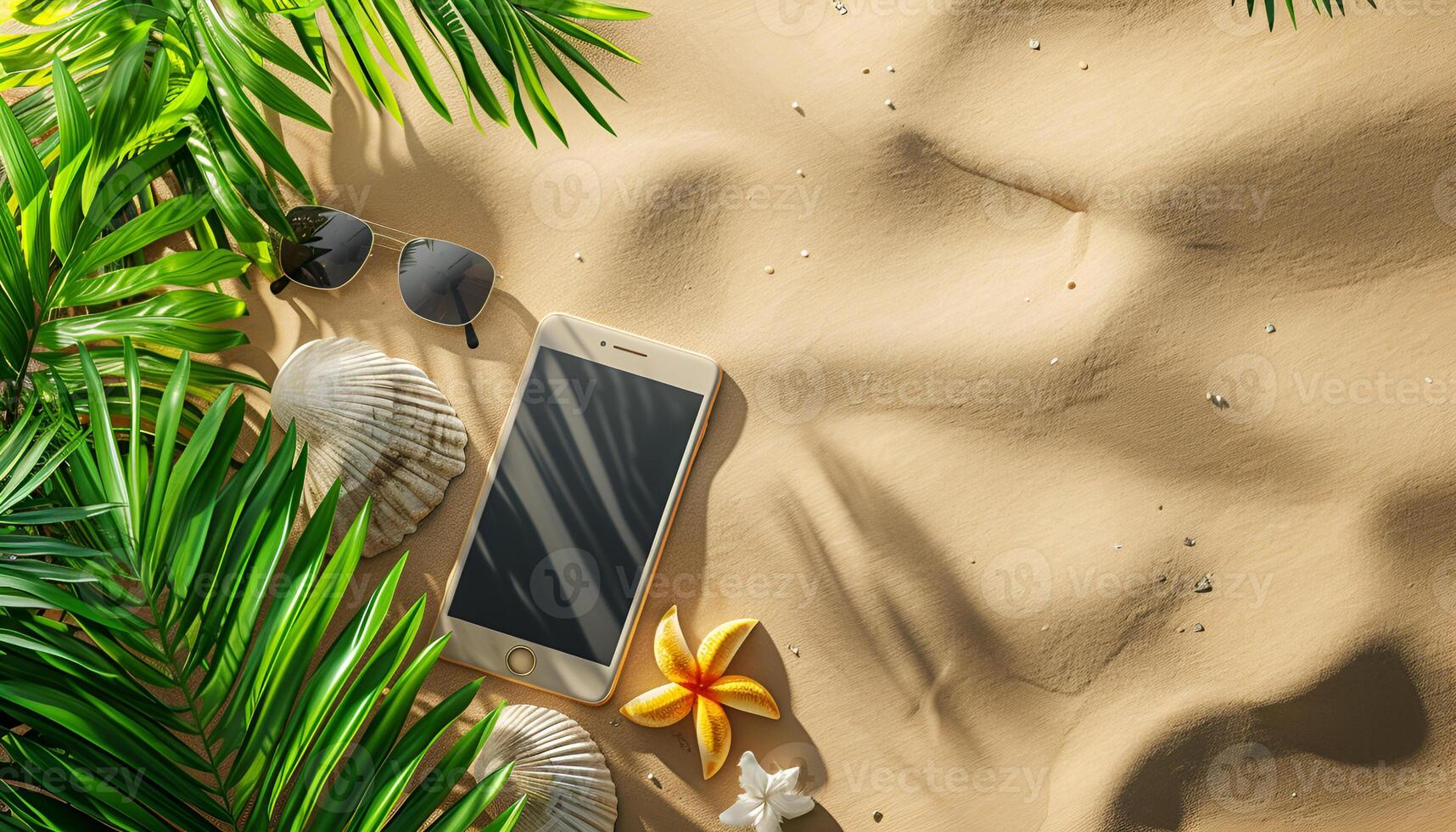 AI generated Summer sale ad banner template for promotion. Banner with smartphone on beach sand photo