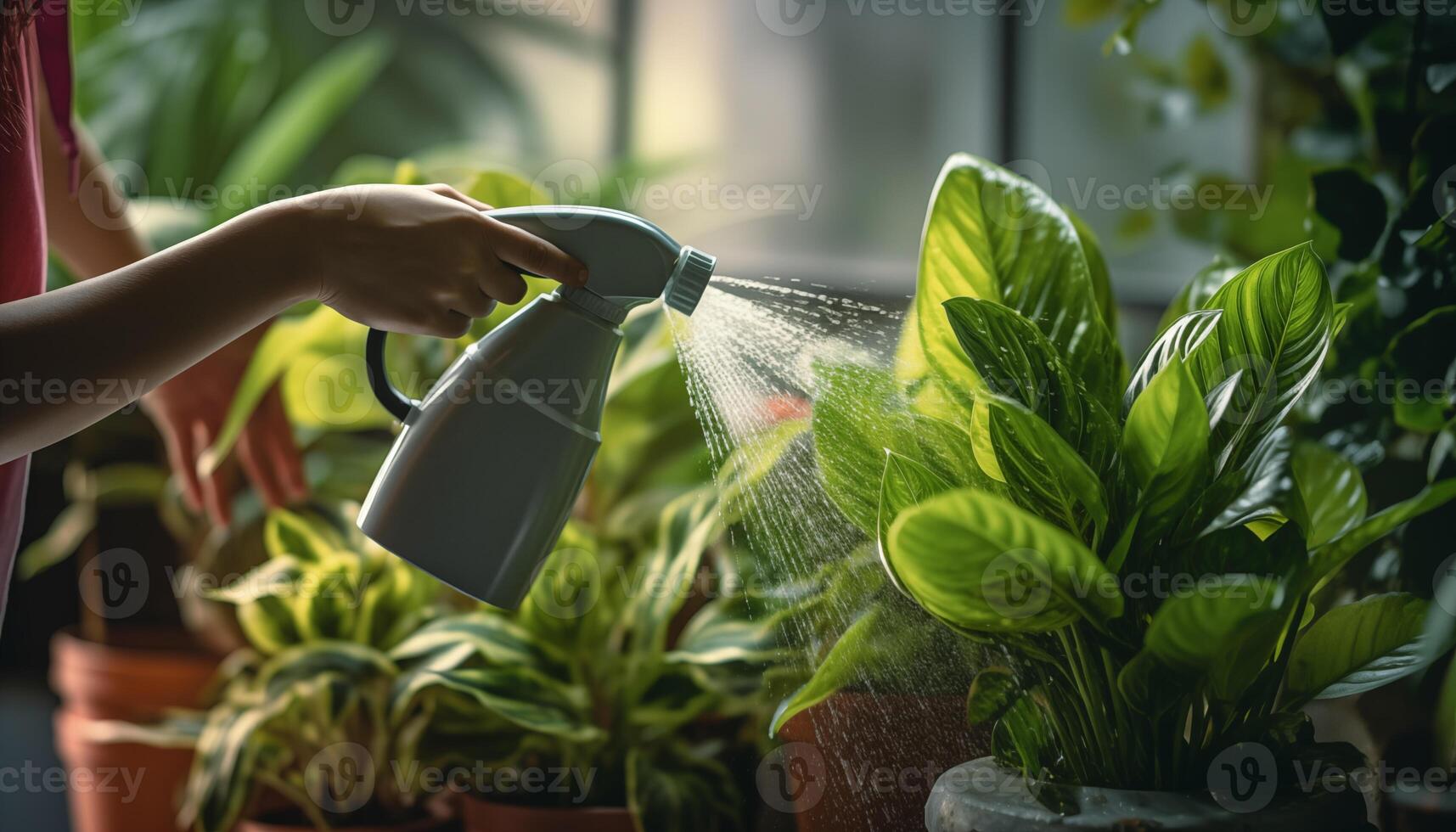 ai generado hembra manos rociar riego plantas a hogar foto