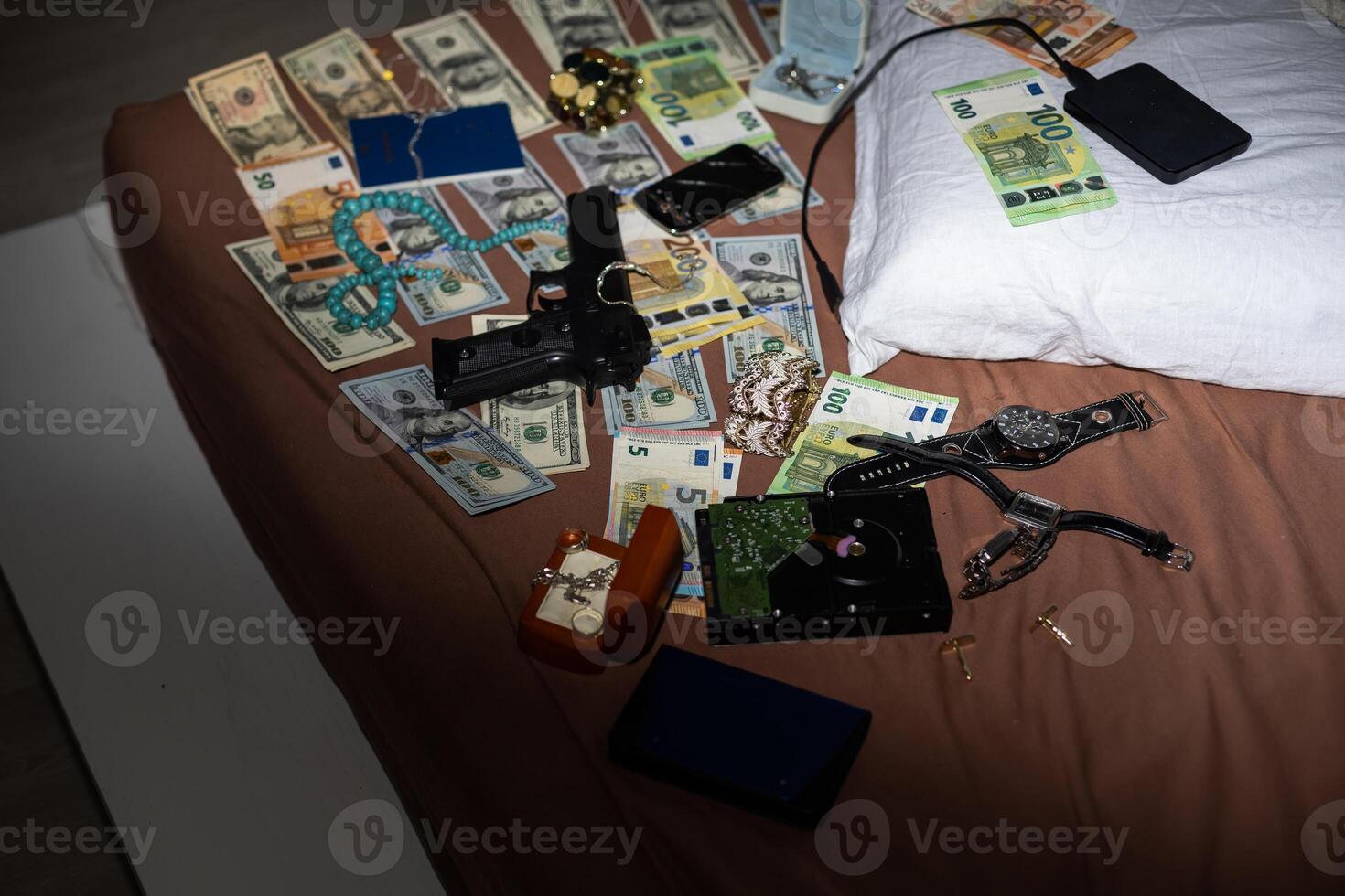 Evidence Chain of Custody Labels and brown paper bag with fingerprints applicant card lies against big heroin packets and packs of money bills as evidence in crime scene investigation process photo