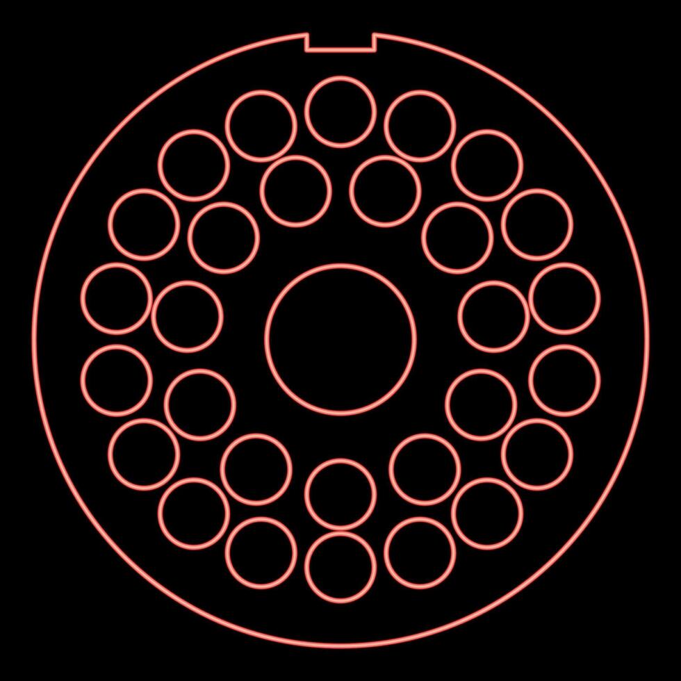 Neon grate for meat grinder plate mincer device for growing shallow of meat lattice sieve red color vector illustration image flat style