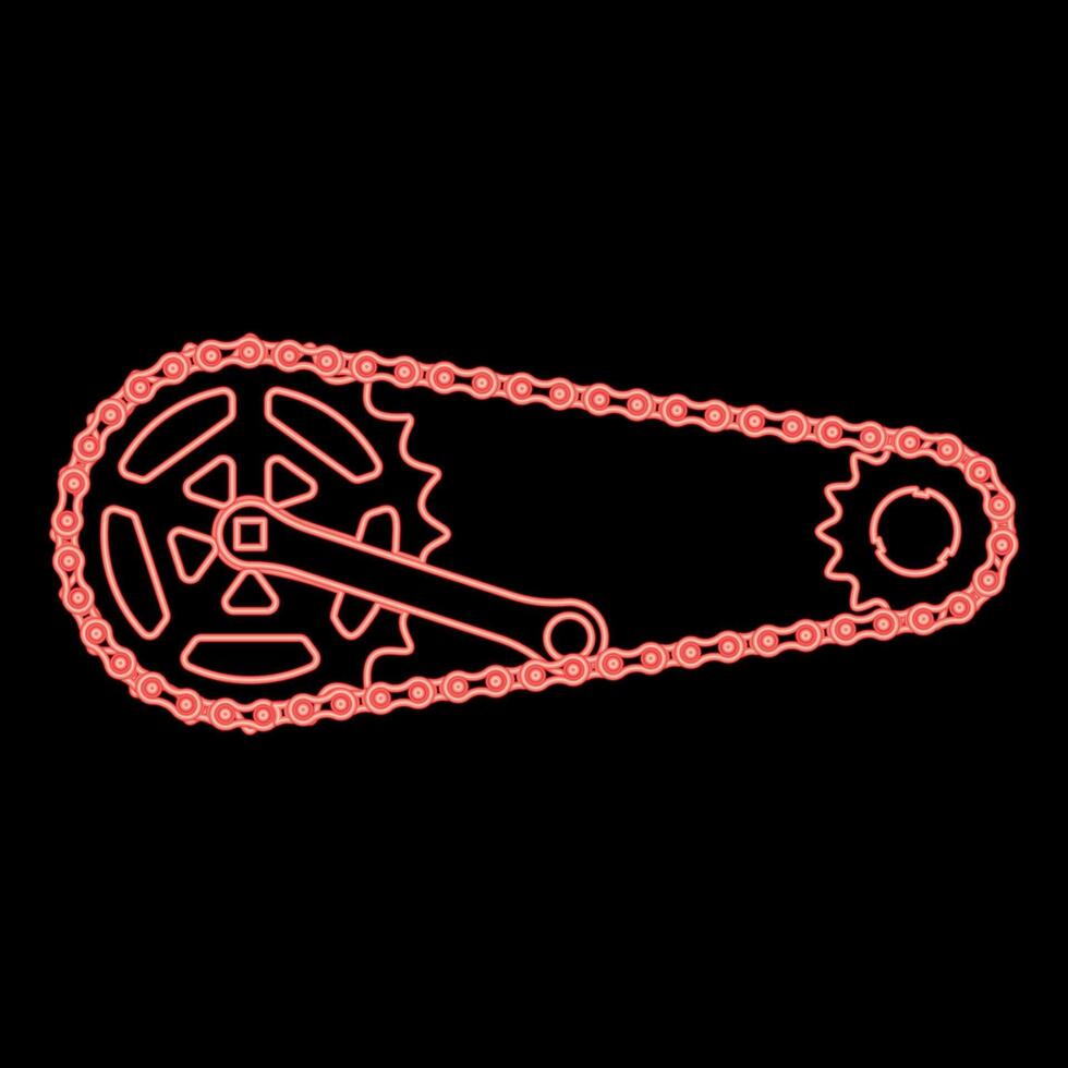 Neon chain bicycle link bike motorcycle two element crankset cogwheel sprocket crank length with gear for bicycle cassette system bike red color vector illustration image flat style