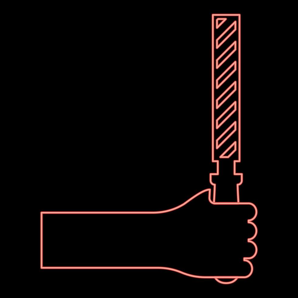 Neon file tool in hand metal rasp in arm use manual instrument equipment for carpentry work red color vector illustration image flat style