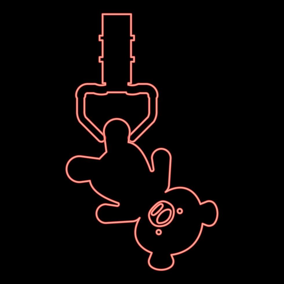 Neon prize toy manipulator hold plush bear cute doll iron hook crane claw picker for pick up red color vector illustration image flat style