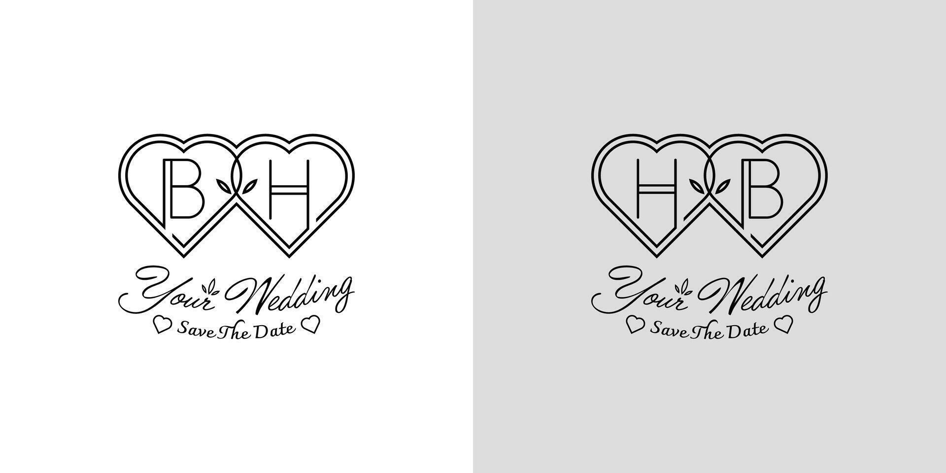 Letters BH and HB Wedding Love Logo, for couples with B and H initials vector
