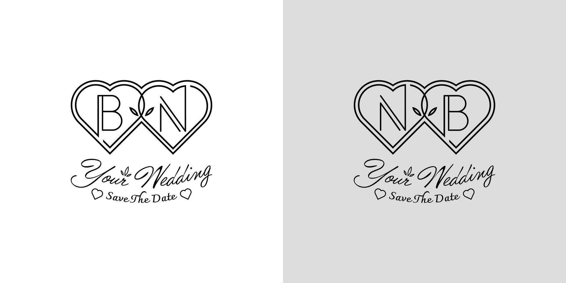 Letters BN and NB Wedding Love Logo, for couples with B and N initials vector