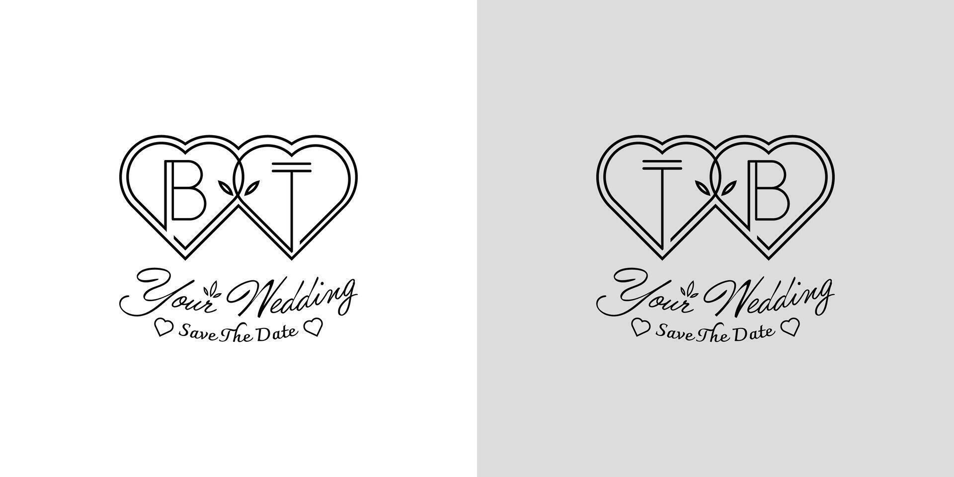 Letters BT and TB Wedding Love Logo, for couples with B and T initials vector