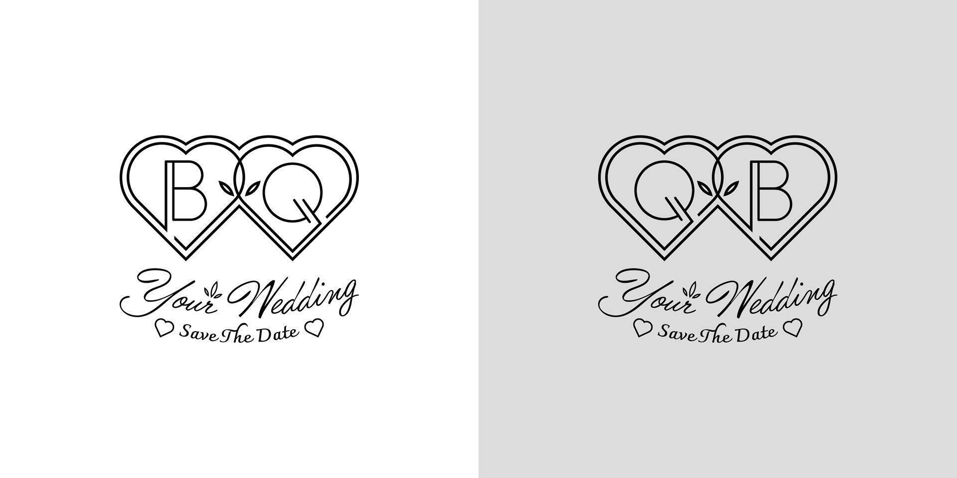 Letters BQ and QB Wedding Love Logo, for couples with B and Q initials vector