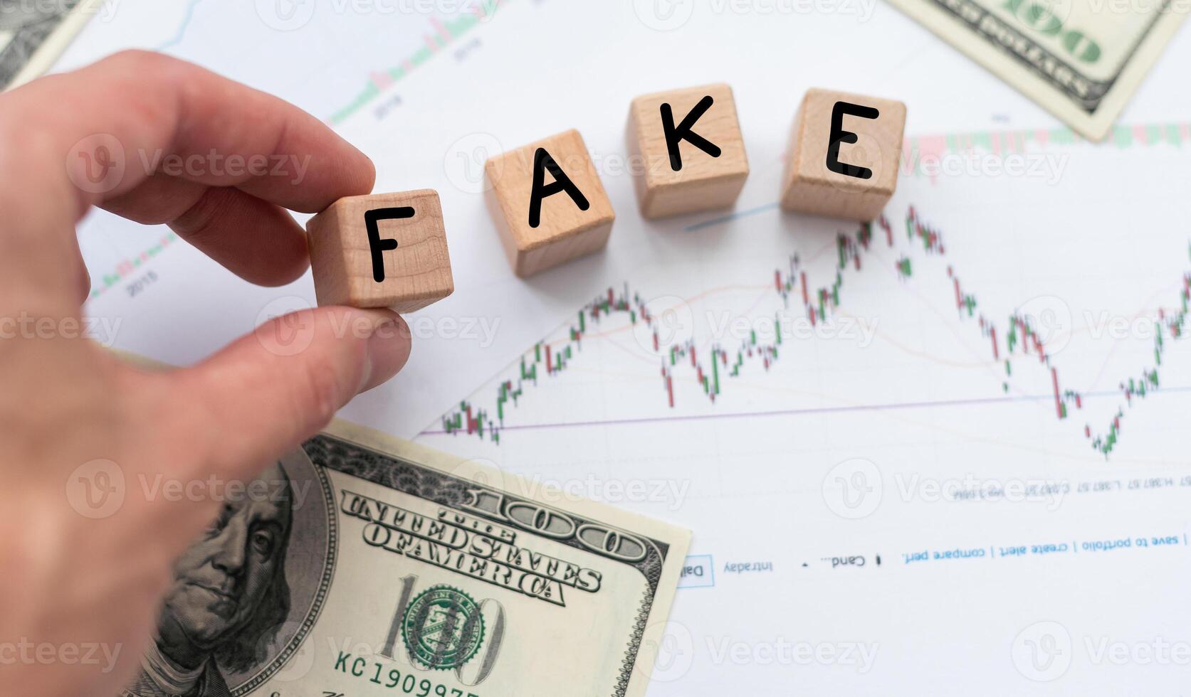 Fake news symbol. Wooden blocks with concept words Fake news on beautiful background from dollar bills. Business media and fake news concept. Copy space. photo