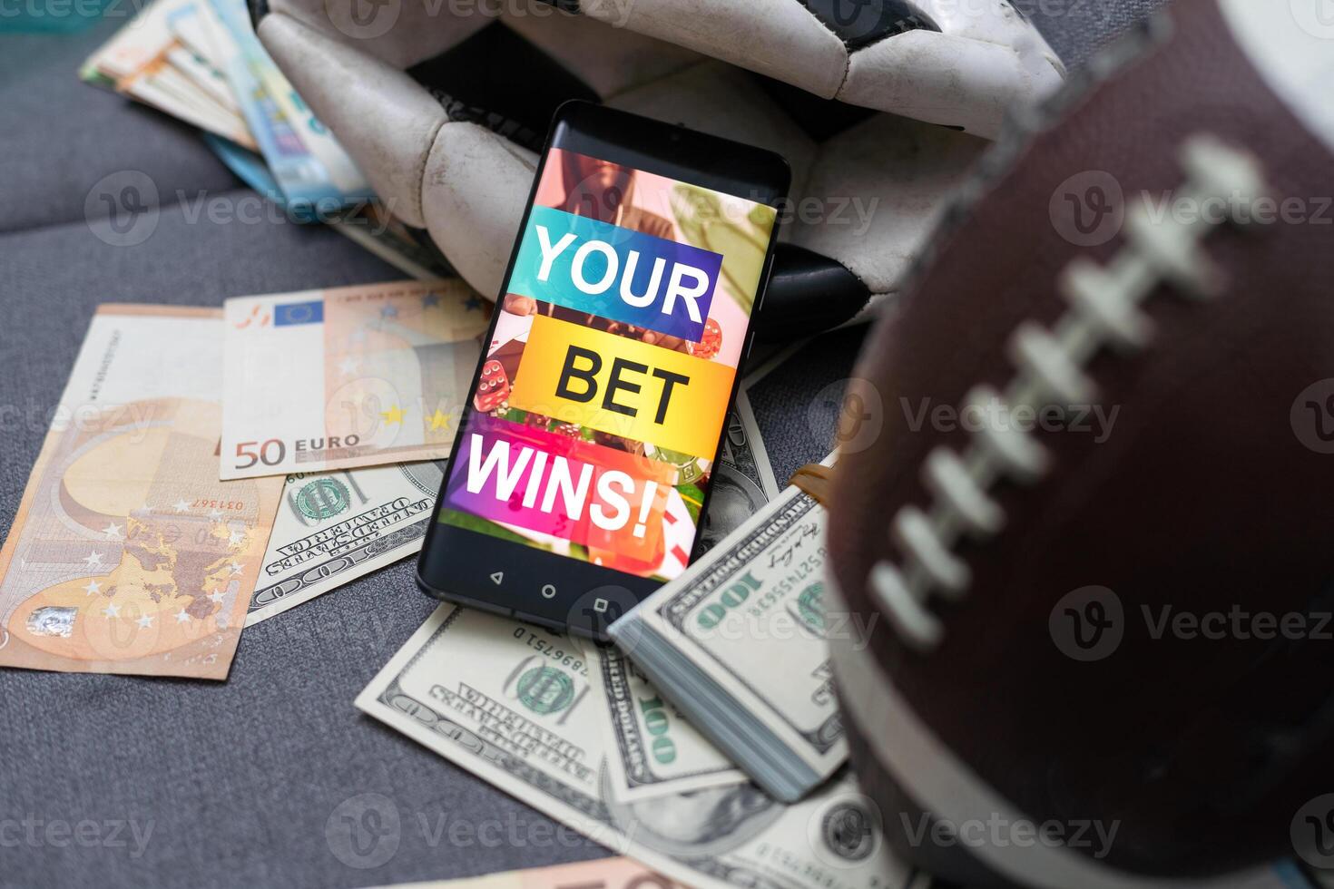 American Football Player. Sports betting on american football. Bets in the mobile application. photo