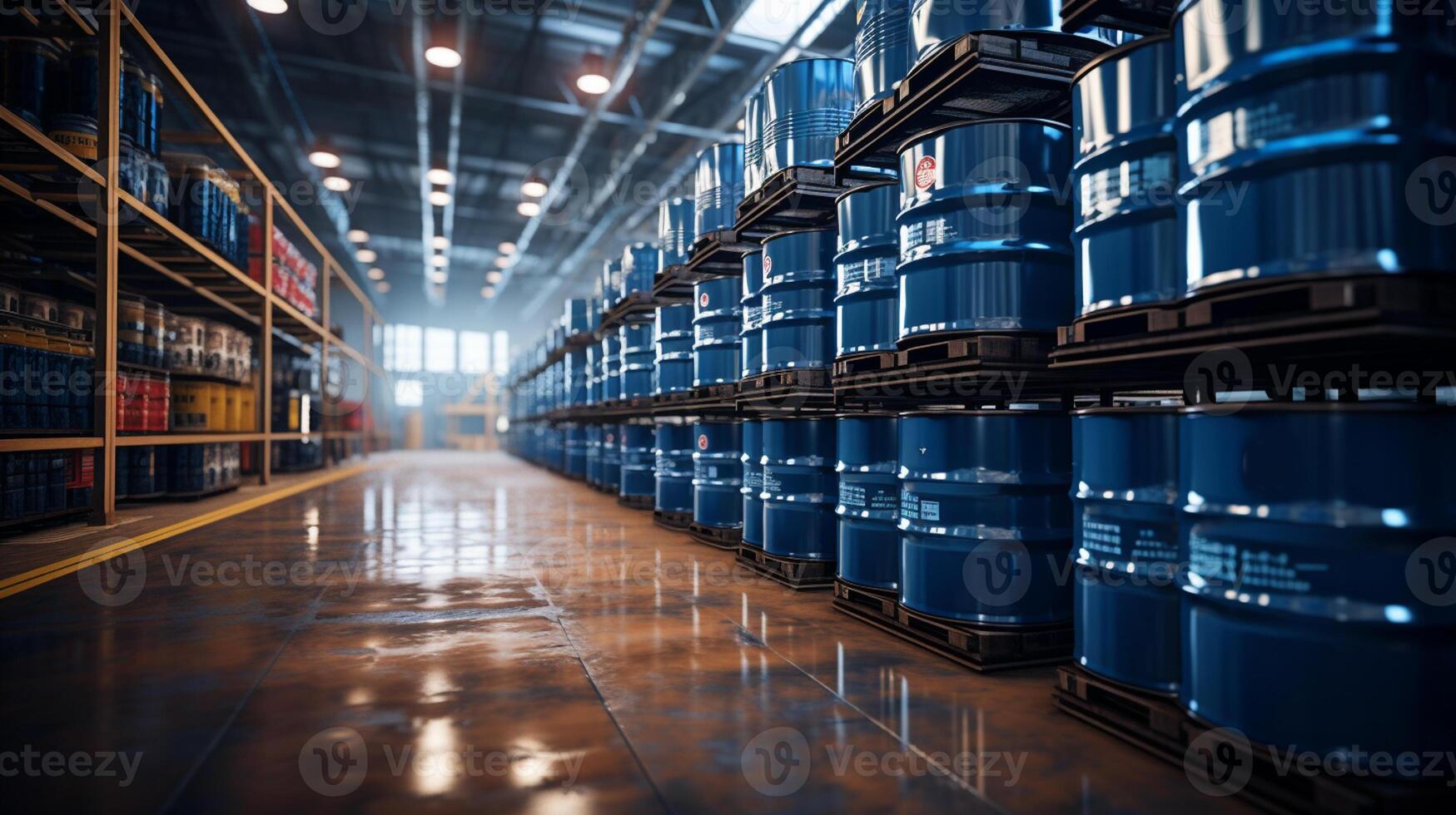 AI Generated Chemical Barrels. Warehouse of chemical products. Metal barrels with crude oil. Chemistry industry warehouse. Pallets with barrels in industrial plant. Oil storage room. photo