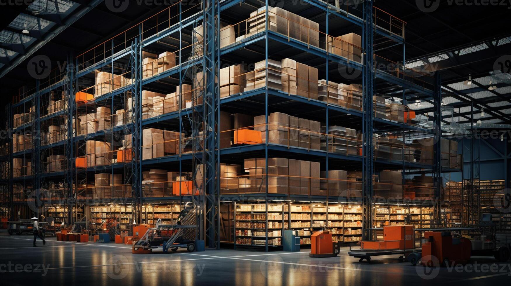 AI Generated Logistics, warehouse interior with worker driving forklift and inspector checking list of delivered cargo, delivery, goods postal service. Storehouse with racks of boxes. Cartoon photo