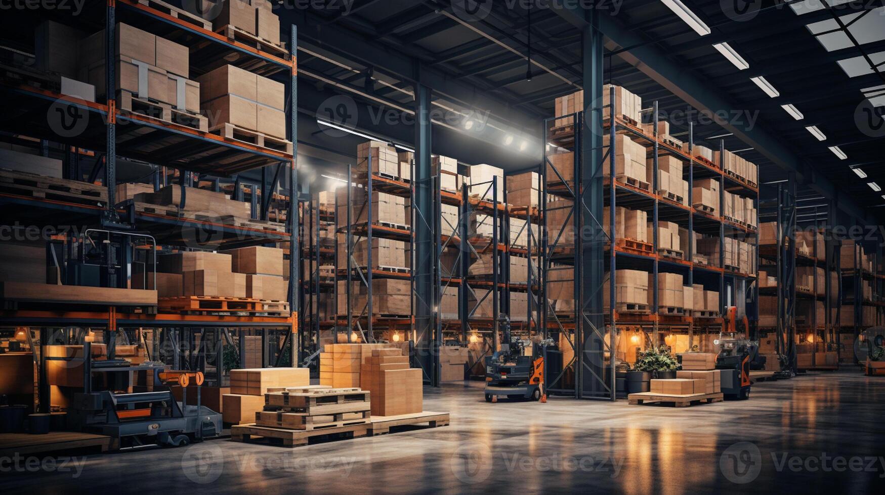 AI Generated Interior of an empty modern logistic warehouse storage facility with packed shelving in the daytime - 3D render photo