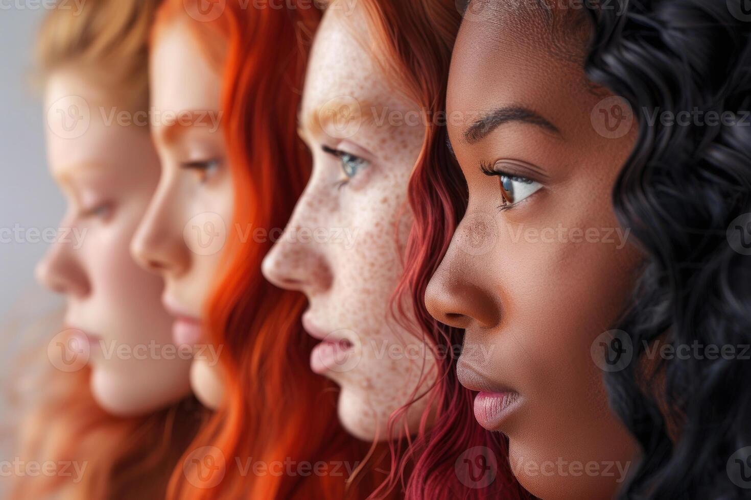 AI generated Diverse Women Profile with Unique Hairstyles. Side profile close-up of diverse women showcasing unique hairstyles and natural beauty against a neutral background. photo