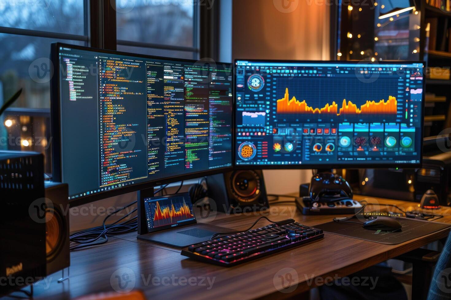 AI generated Multiscreen Computer Setup with Code and Analytics. An advanced multiscreen computer setup displaying coding software and data analytics in a room with ambient lighting. photo
