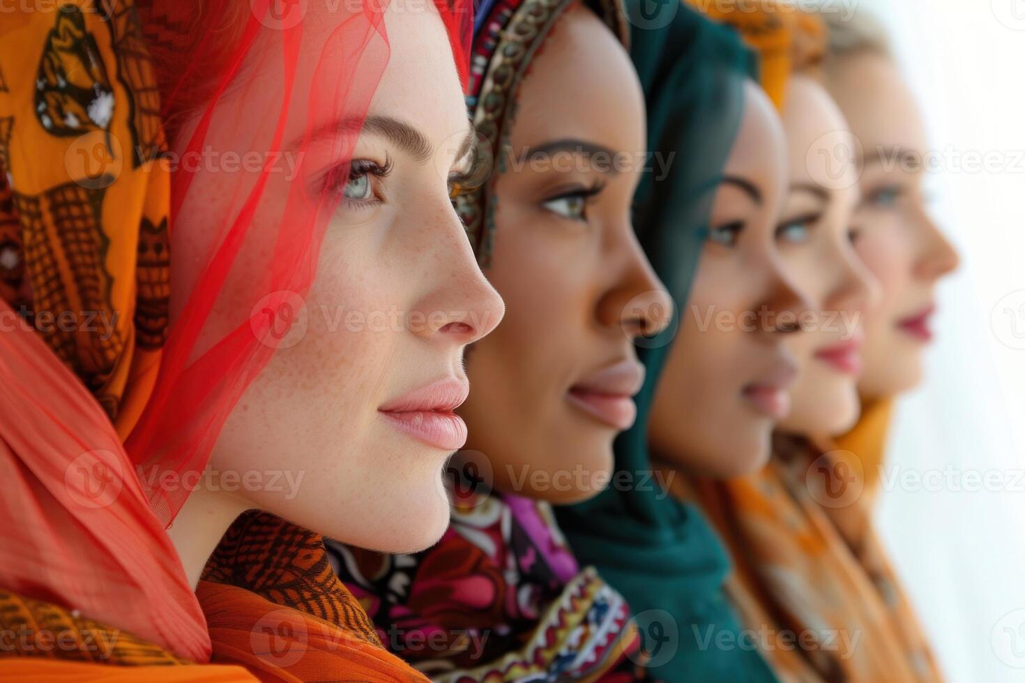 AI generated Diverse Women in Colorful Headscarves Close-Up. Four diverse women wearing colorful headscarves, representing unity in diversity. photo