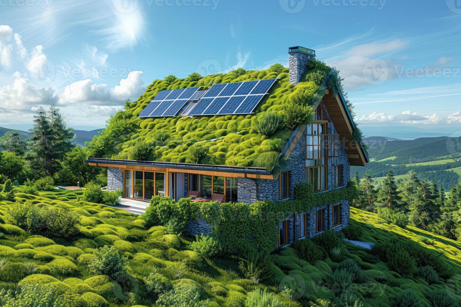 AI generated Traditional Home with Modern Sustainable Technology. Image contrasting a traditional house with a modern twist, featuring a green roof and solar panels, set against picturesque landscape. photo