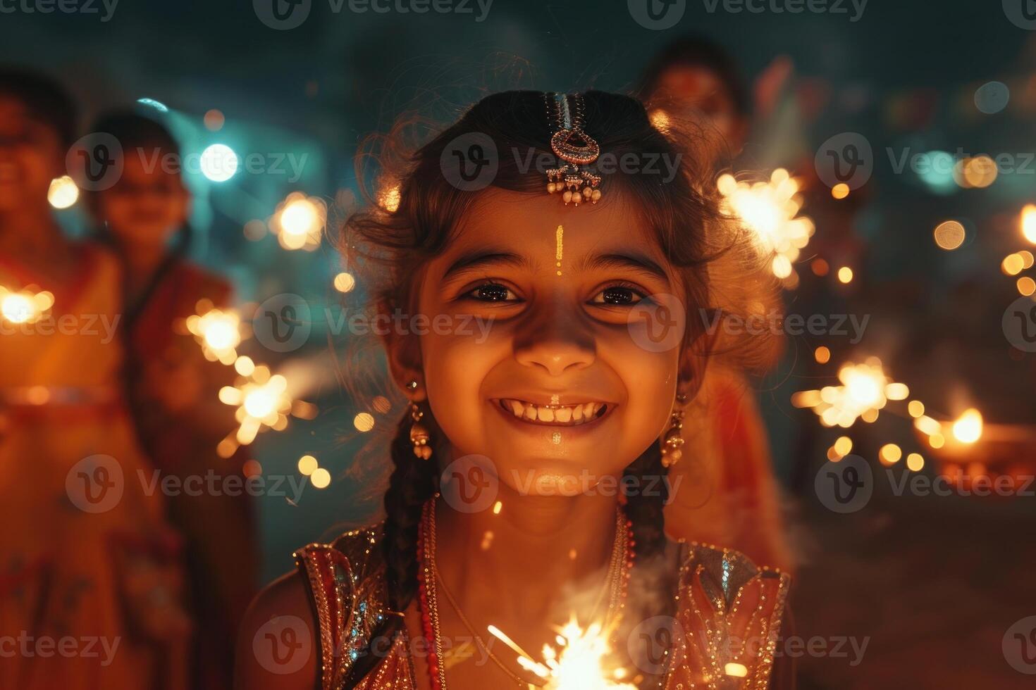 AI generated Family Tradition of Lighting Diyas on Diwali. Close-up of a young girl lighting earthen lamps surrounded by her family during Diwali celebrations. photo