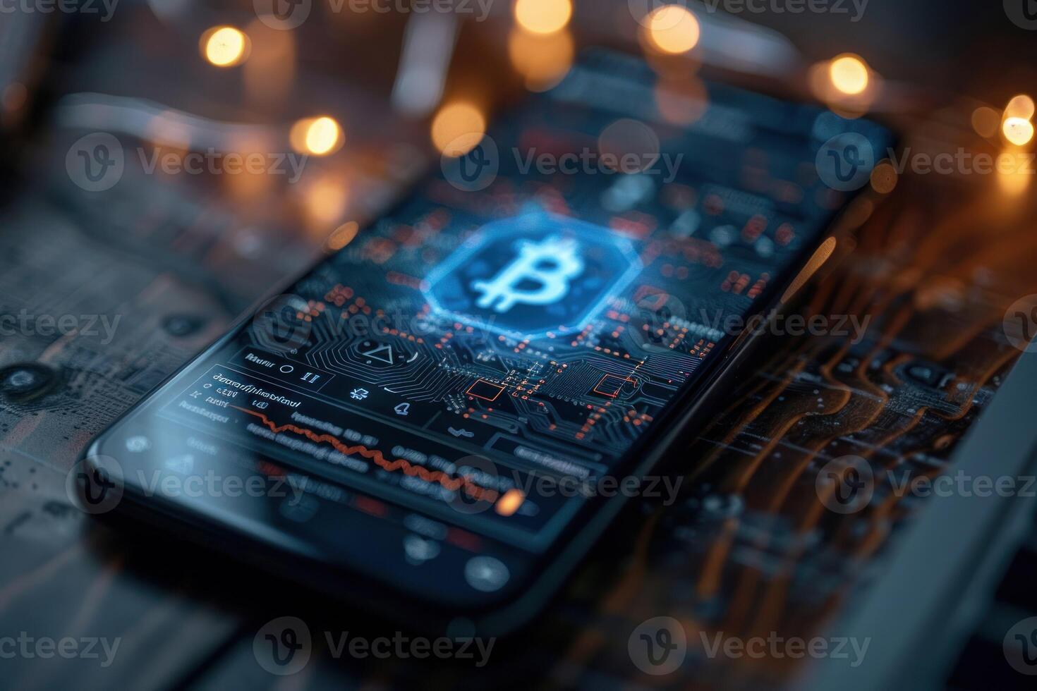 AI generated Cryptocurrency Application Interface on Smartphone. Detailed view of a smartphone screen displaying a secure Bitcoin trading platform. photo