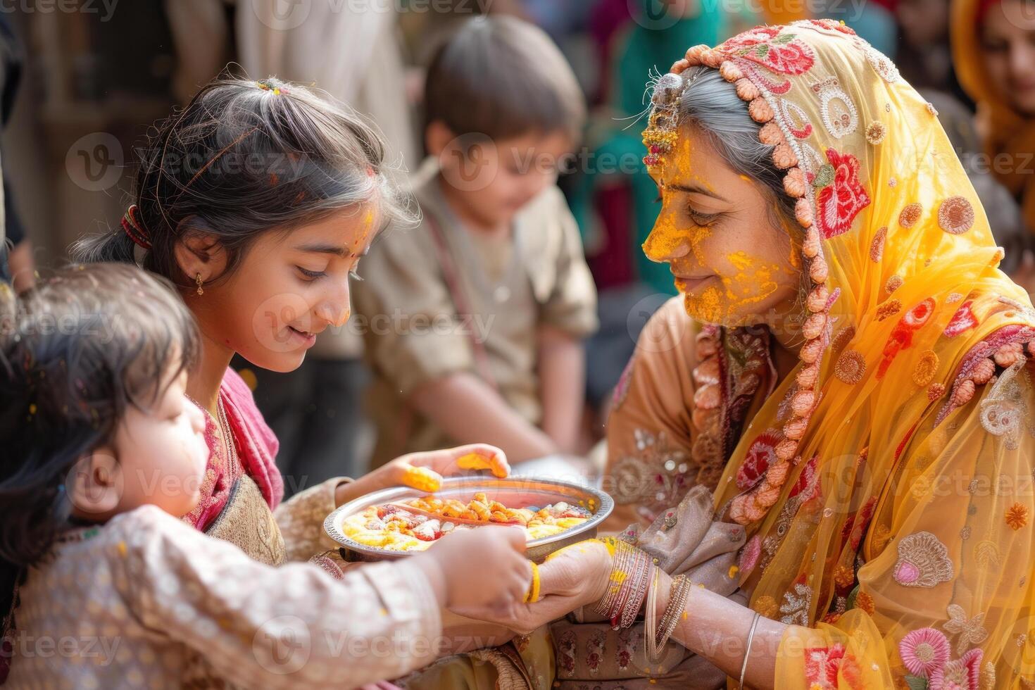 AI generated Family Celebrating Holi with Colored Powder. A family gathers together, smiling as they play with colorful gulal powder during Holi festival. photo
