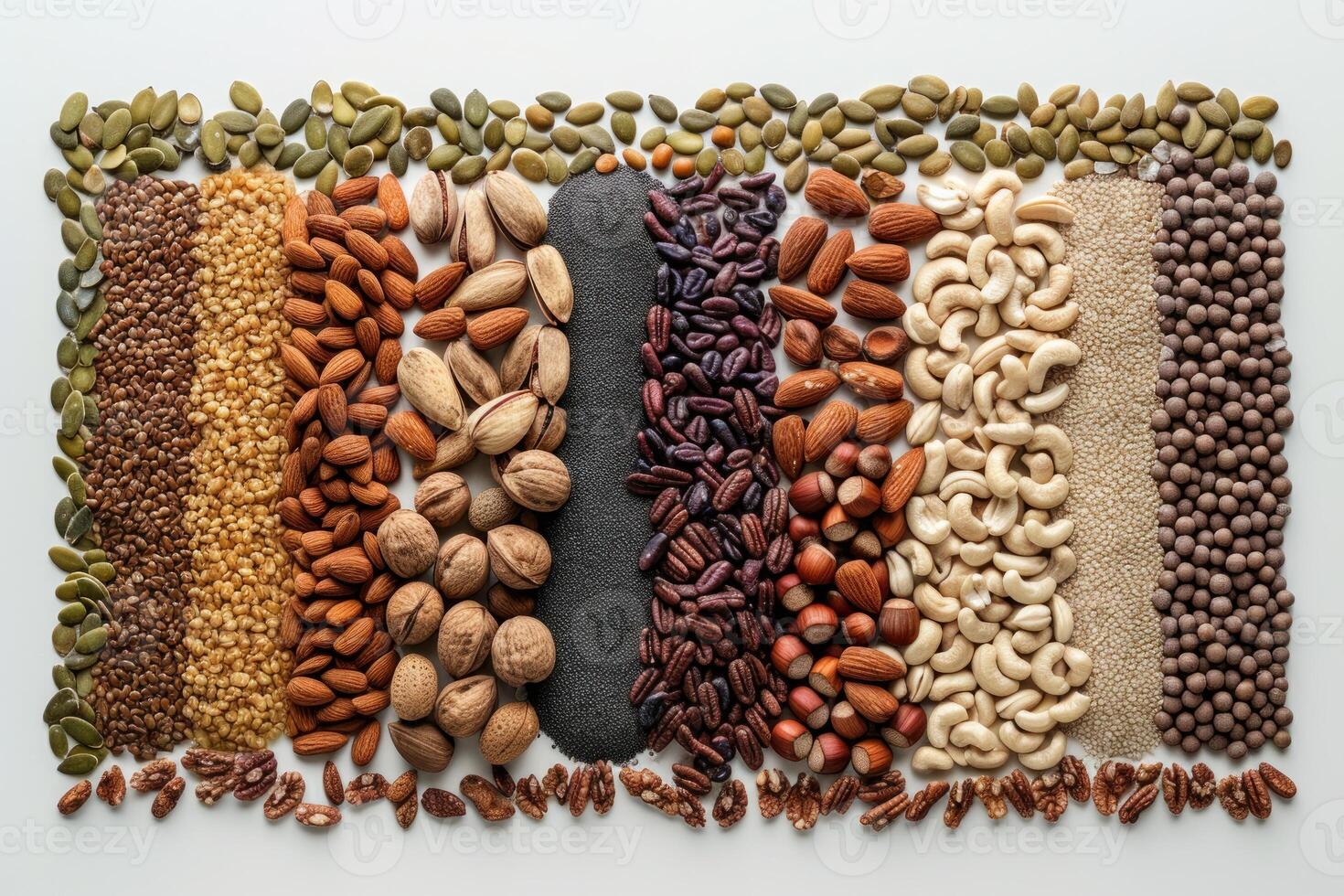 AI generated Artistic Nuts and Seeds Composition with Flowers. A creative display of various nuts and seeds with colorful flowers on a white background. photo