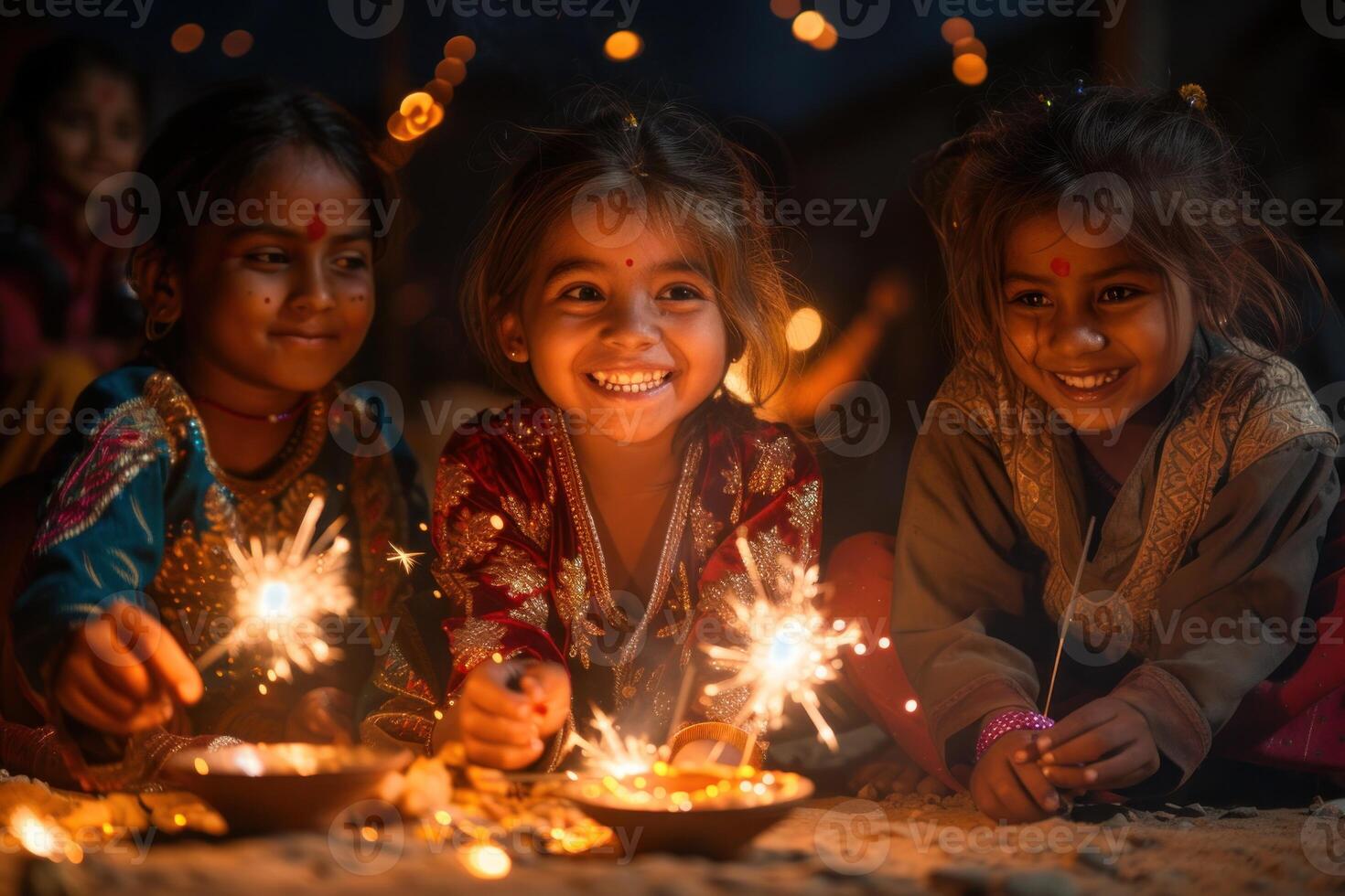 AI generated Family Tradition of Lighting Diyas on Diwali. Close-up of a young girl lighting earthen lamps surrounded by her family during Diwali celebrations. photo
