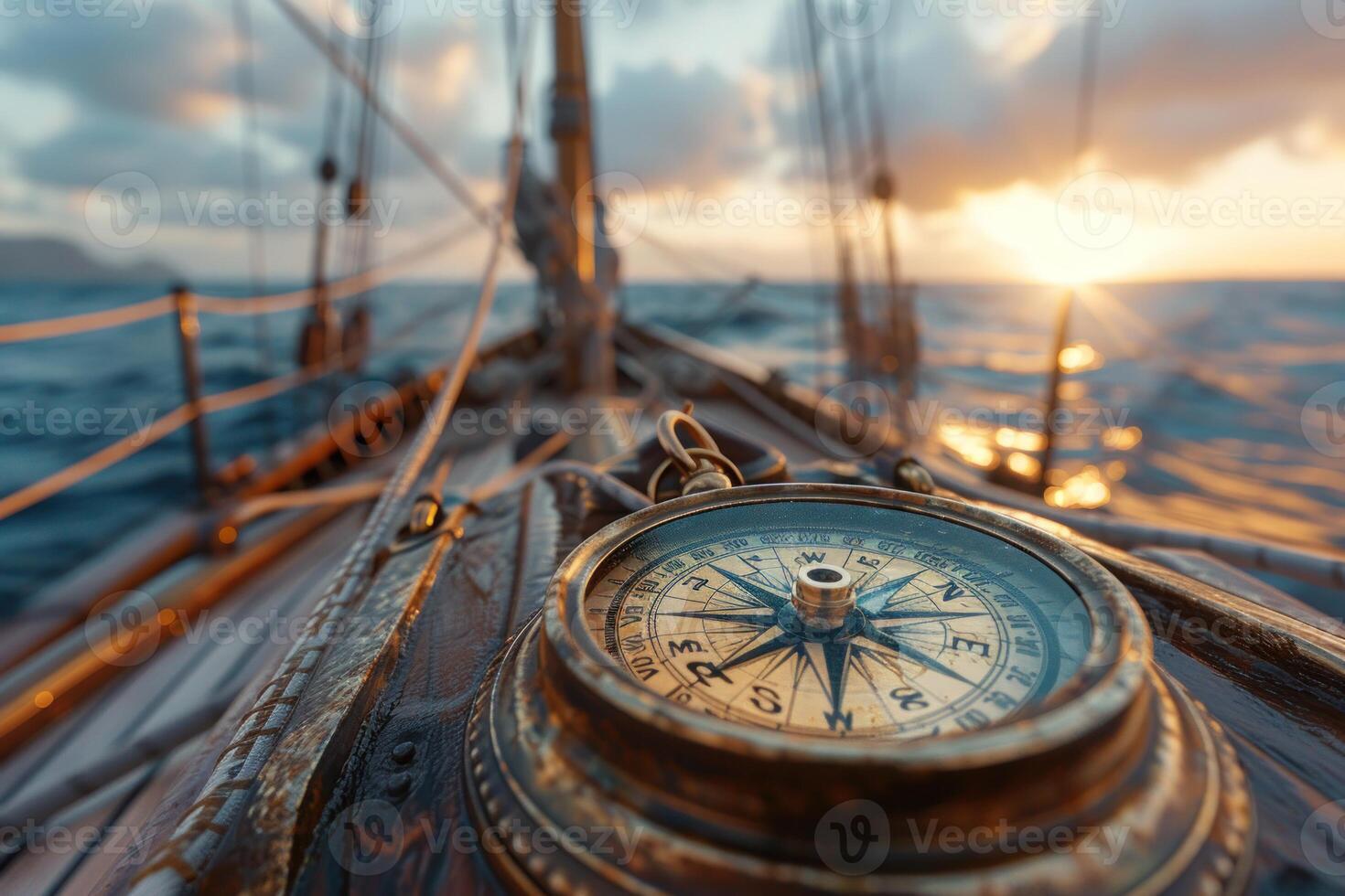 AI generated Vintage Compass on Sailboat Deck at Sunset. A detailed view of a vintage compass on a wooden sailboat deck, navigating the sea at sunset. photo