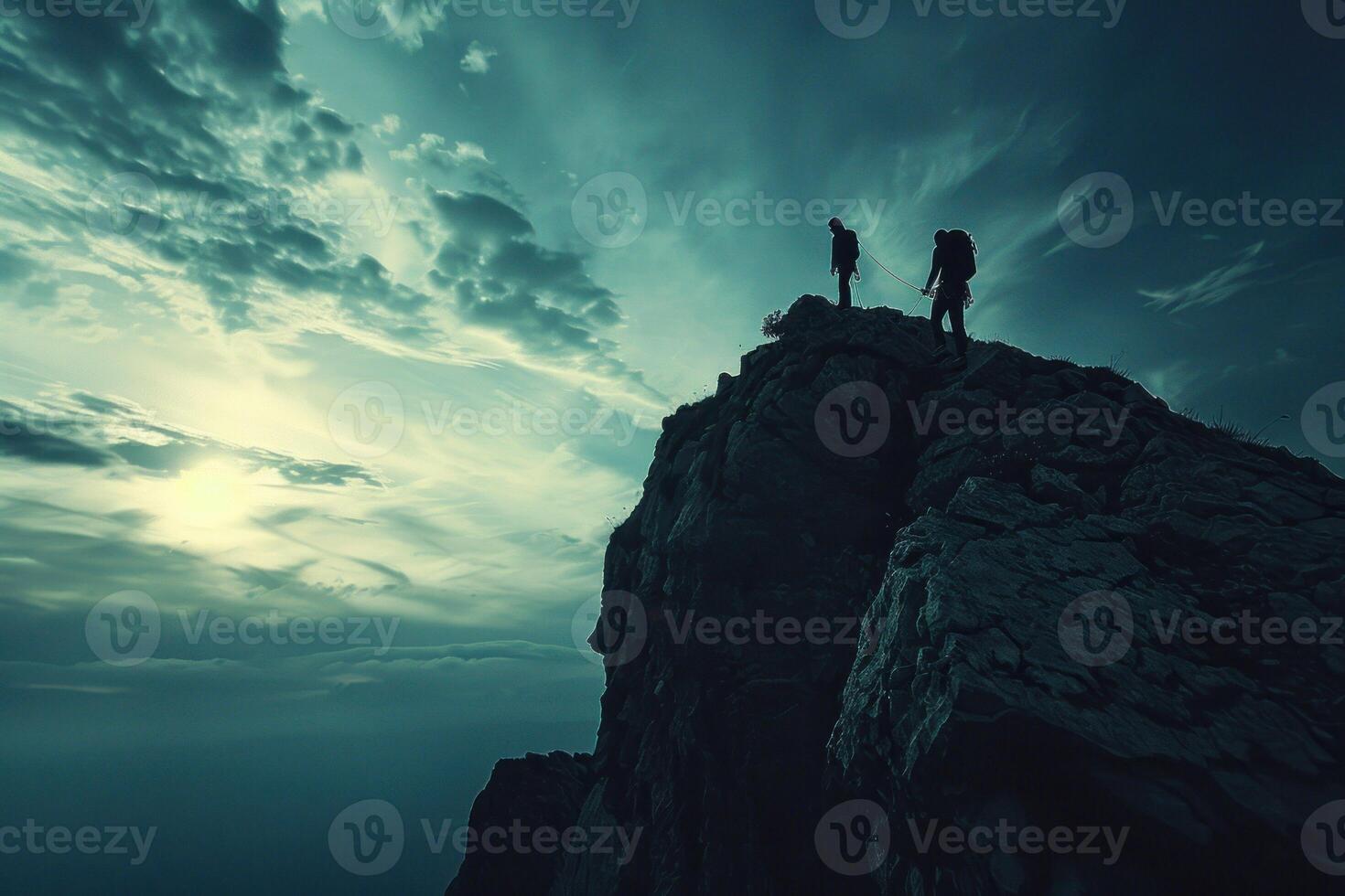 AI generated Climbers Silhouetted Against Sunset on Ocean Cliff. Two rock climbers, silhouetted by the setting sun, scale a steep cliff overlooking the ocean. photo