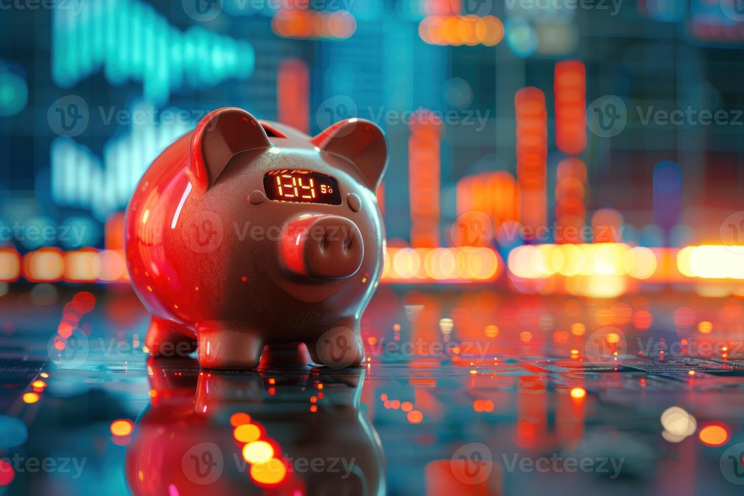 AI generated Digital Piggy Bank on Financial Data Background. A digital piggy bank overlay stands in the foreground with glowing financial charts and graphs in the background. photo