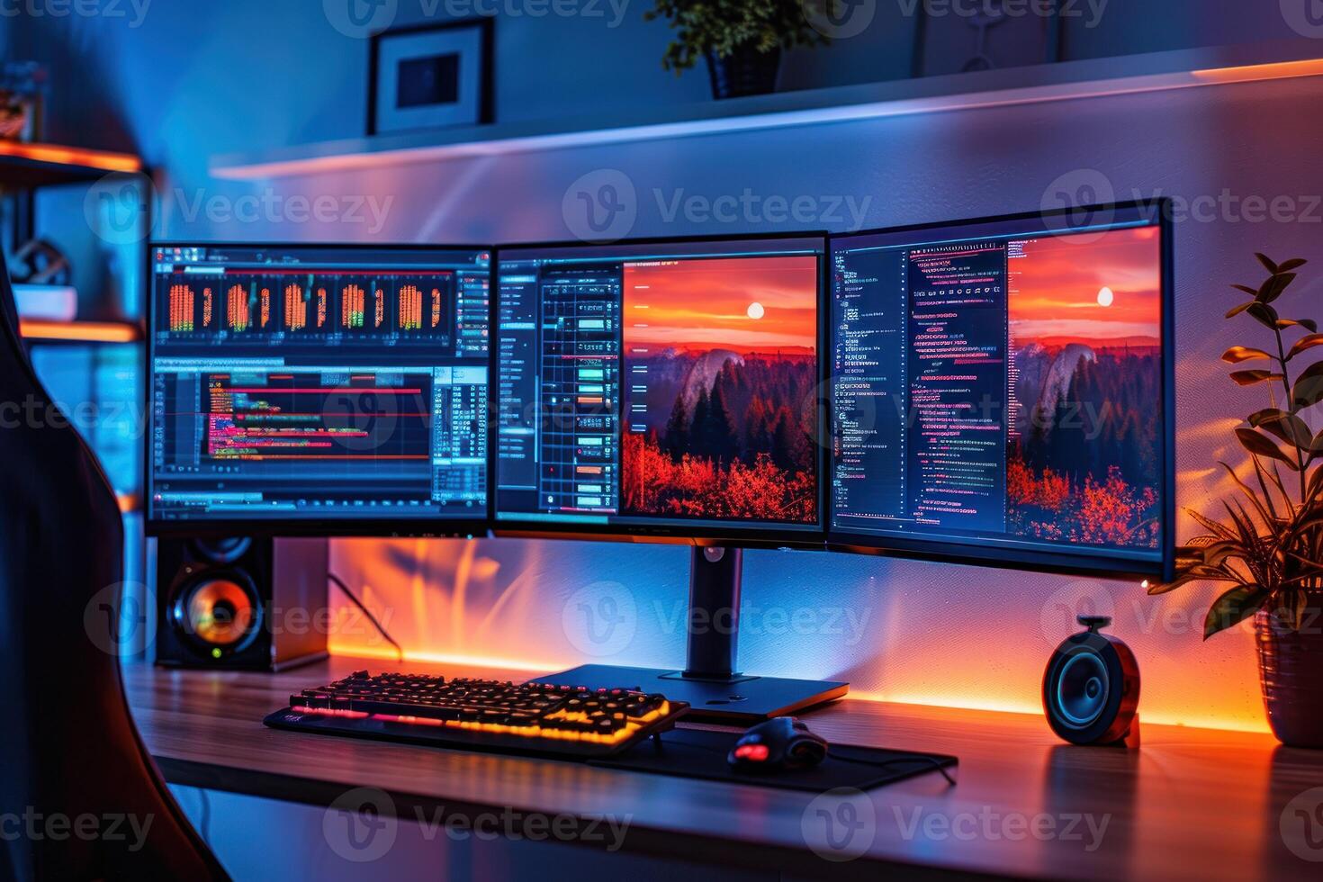 AI generated Multiscreen Computer Setup with Code and Analytics. An advanced multiscreen computer setup displaying coding software and data analytics in a room with ambient lighting. photo