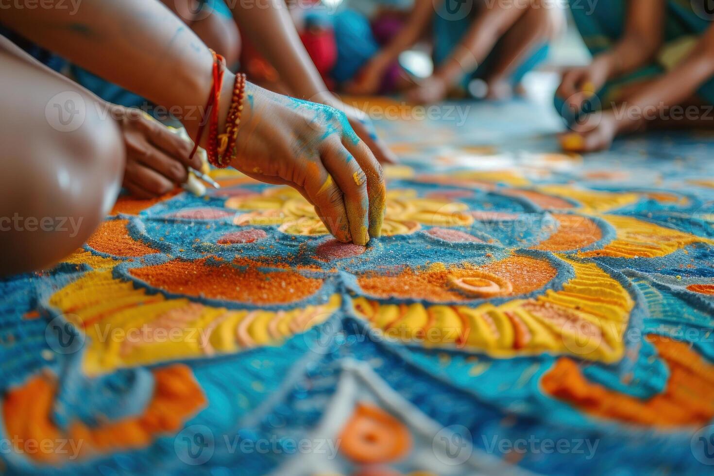 AI generated Friends Creating Colorful Rangoli Art Together. Close-up of hands meticulously crafting a vibrant rangoli, a traditional Indian art form during a festival. photo