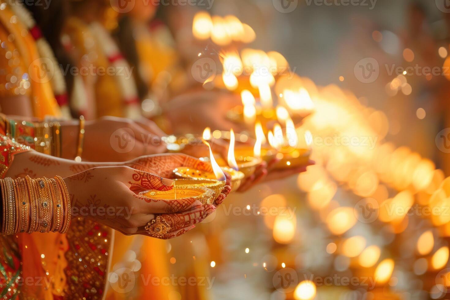 AI generated Hands Holding Diwali Sparklers Illuminating the Night. View of hands holding sparklers, illuminating the festive night with warm light and bokeh. photo