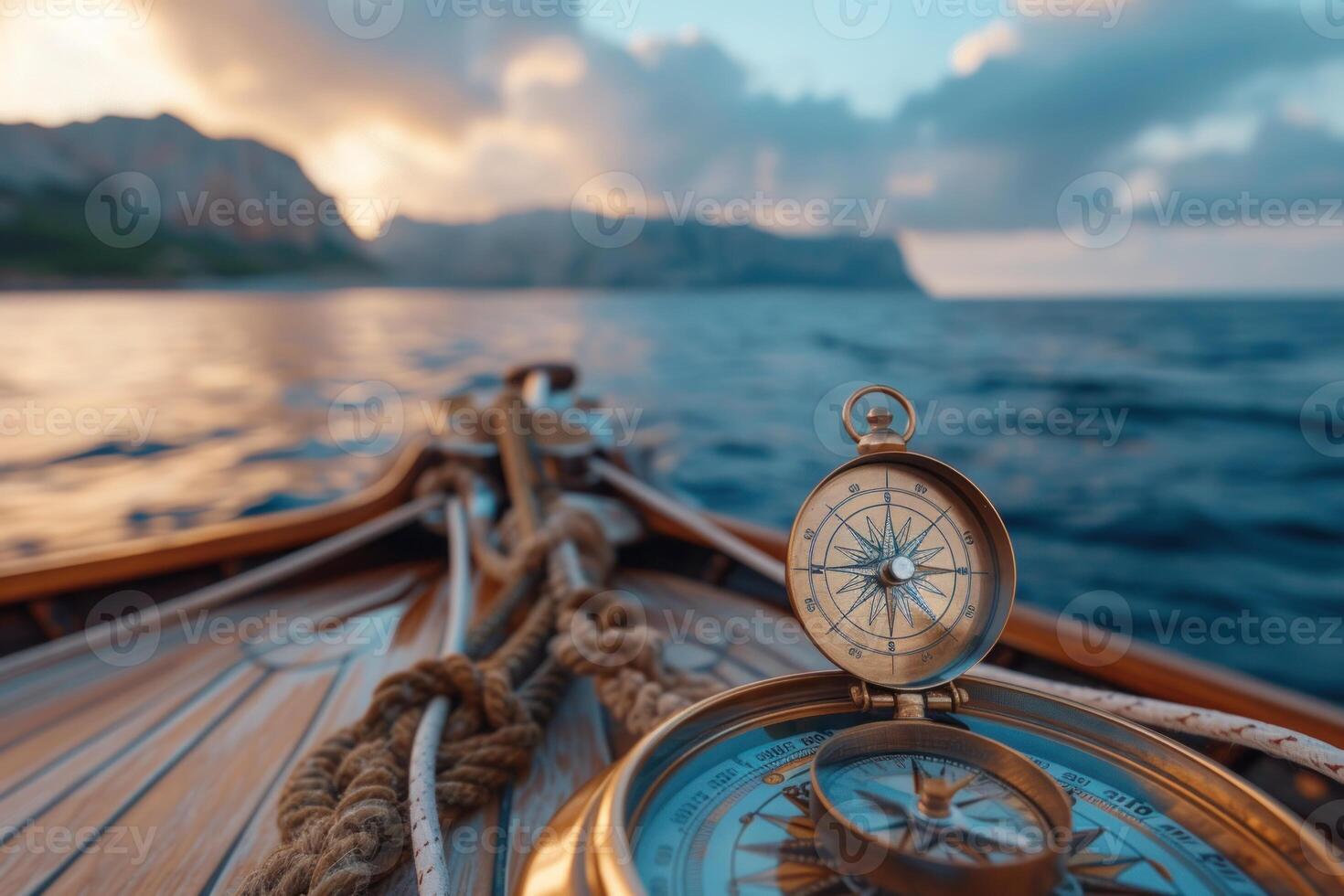 AI generated Vintage Compass on Sailboat Deck at Sunset. A detailed view of a vintage compass on a wooden sailboat deck, navigating the sea at sunset. photo